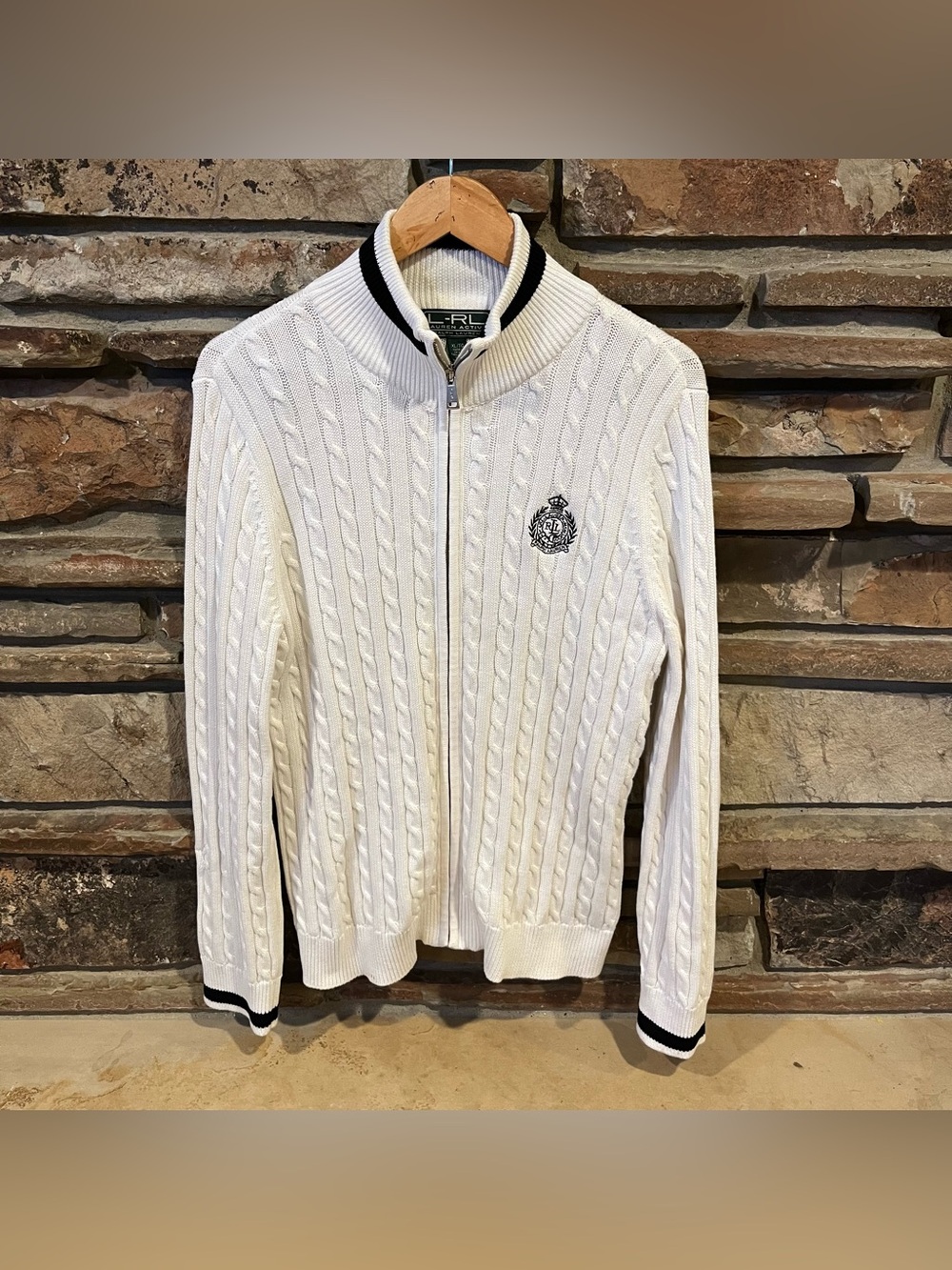 Vintage Lauren Ralph Lauren Cotton White Cable-Knit Zip Sweater